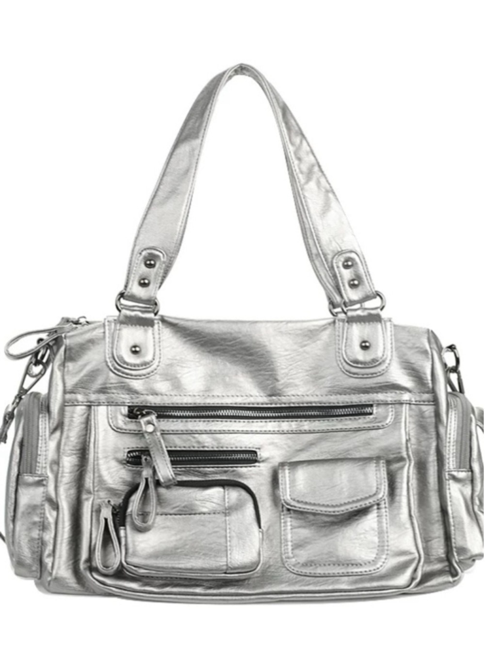 Y2K Metallic Silver Multi-Pocket Shoulder Bag/Crossbody Bag NWOT Futuristic - Picture 2 of 7